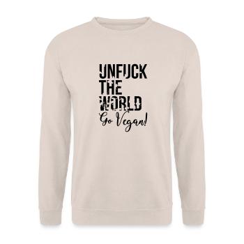 unfuck the world go vegan - Veganer-Ökologisch-Bio - Sweat-shirt Unisexe - sable - Devant - Alina (178cm) & Michal (187cm)