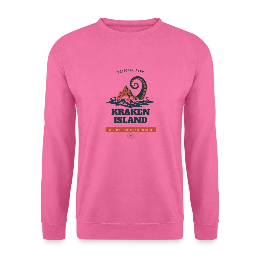 Kraken Island badge on a unisex sweatshirt, pink, front