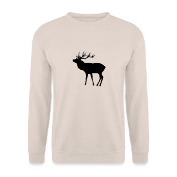 Hirsch in schwarz mit Geweih, Hirsche, Rehbock - Unisex Pullover - Sand - Vorne - Alina (178cm) & Michal (187cm)