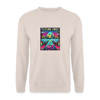 Future Vibes - Futuristische Neon-Cityscape - Unisex Pullover - Sand - Vorne - Alina (178cm) & Michal (187cm)
