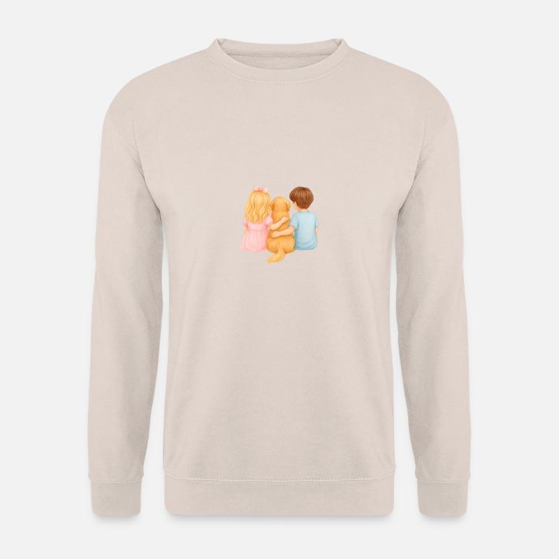 Zwei Kinder mit Golden Retriever –Junge Mädchen - Unisex Pullover - Sand