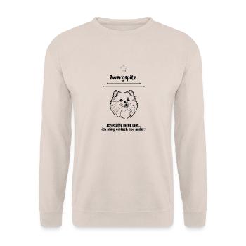 Zwergspitz Pomeranian Spruchshirt - ich belle nur - Unisex Pullover - Sand - Vorne - Alina (178cm) & Michal (187cm)
