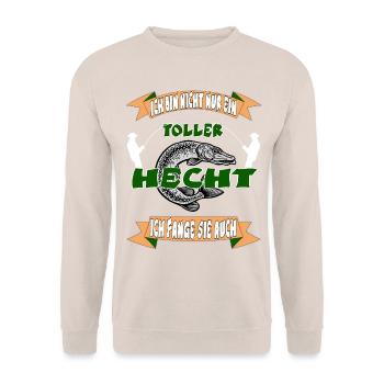 Hecht Angler Mann Cool Lustig Spruch Fisch Angel - Unisex Pullover - Sand - Vorne - Alina (178cm) & Michal (187cm)