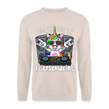 DJ Einhorn - Untz Untz Feierschweine-Techno, Rave - Unisex Pullover - Sand - Vorne - Alina (178cm) & Michal (187cm)