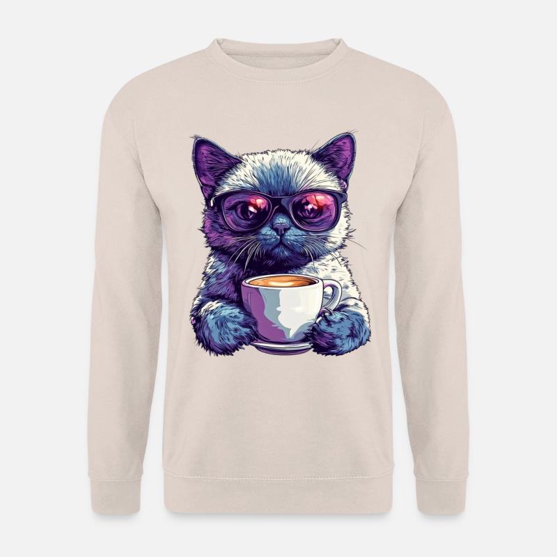 Coole Katze mit Brille & Kaffee-Flair - Unisex Pullover - Sand