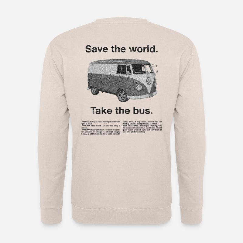 Volkswagen T1 Camper Save The World Take The Bus - Unisex Pullover - Sand