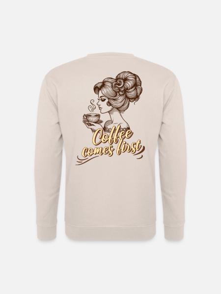 Coffee Comes First – Retro Frau Clipart - Unisex Pullover - Sand
