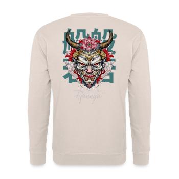 Japanese Hannya Mask: Lotus & Horns - Unisex Pullover - Sand - Hinten - Michal (187cm)