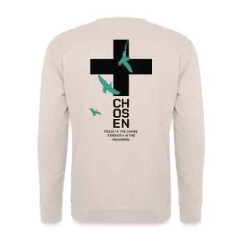 CHOSEN Cross Doves Design Peace Chaos - Unisex Sweatshirt - sand - Back - Michal (187cm)