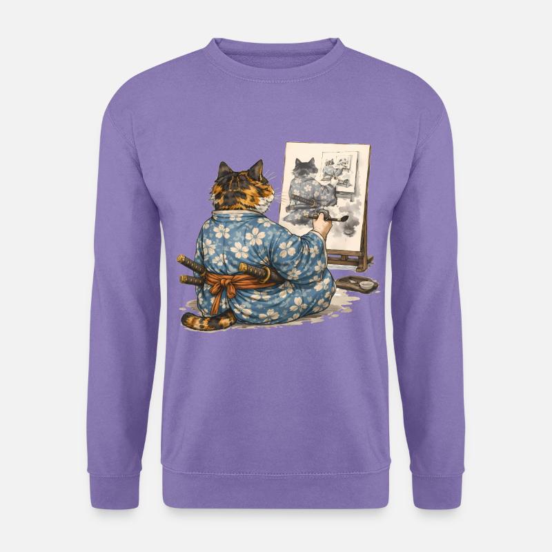 Samurai-Katzen-Malerei Sumi-e Ukiyo-e Kunst - Unisex Pullover - Lavendel