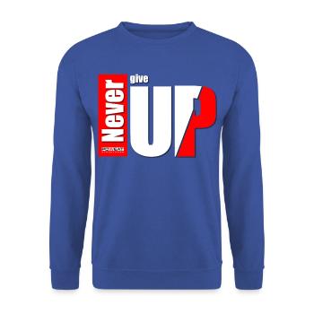 never give up - Unisex Pullover - Royalblau - Vorne - Alina (178cm) & Michal (187cm)