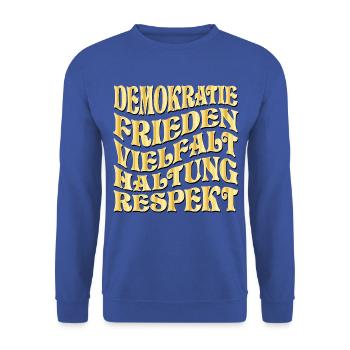 DEMOKRATIE UNTERSTÜTZEN - VIELFALT WÄHLEN - Unisex Pullover - Royalblau - Vorne - Alina (178cm) & Michal (187cm)