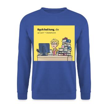 Buchhalterin, Comicfigur - Unisex Pullover - Royalblau - Vorne - Alina (178cm) & Michal (187cm)