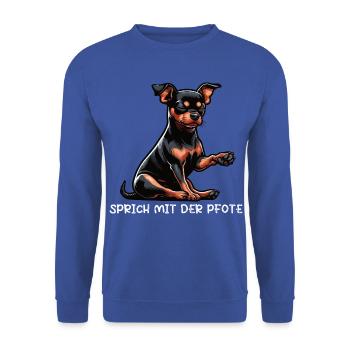 Sprich mit der Pfote Zwergpinscher Pinscher Minpin - Unisex Pullover - Royalblau - Vorne - Alina (178cm) & Michal (187cm)