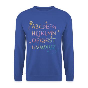 Regenbogen Kreide-Alphabet mit Sternchen - Unisex Pullover - Royalblau - Vorne - Alina (178cm) & Michal (187cm)
