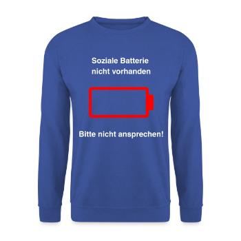 Soziale Batterie nicht vorhanden - Unisex Pullover - Royalblau - Vorne - Alina (178cm) & Michal (187cm)