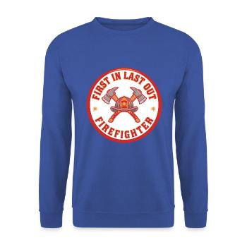 Feuerwehrmann Erster in Letzter Feuerheld Geschenk - Unisex Pullover - Royalblau - Vorne - Alina (178cm) & Michal (187cm)