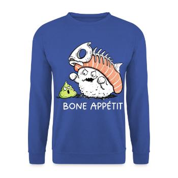 Sushi Bone Appetit – Lustiger Sushi Cartoon Humor - Unisex Pullover - Royalblau - Vorne - Alina (178cm) & Michal (187cm)