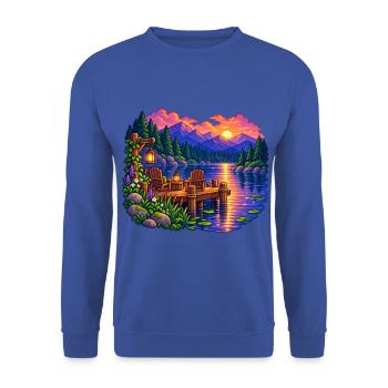 Waldsee Abend Dock - Unisex Pullover - Royalblau - Vorne - Alina (178cm) & Michal (187cm)