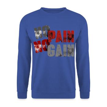 No Pan No Gain Distressed Typografie - Unisex Pullover - Royalblau - Vorne - Alina (178cm) & Michal (187cm)