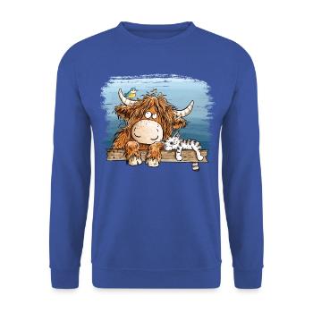 Highland Kuh Mit Katze Bauernhof Tierhumor Cartoon - Unisex Pullover - Royalblau - Vorne - Alina (178cm) & Michal (187cm)