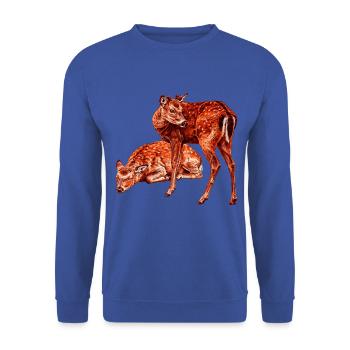 Zwei junge Rehe Grafik im digital-Stil - Unisex Pullover - Royalblau - Vorne - Alina (178cm) & Michal (187cm)