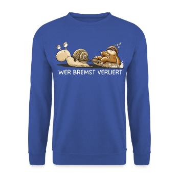 Wer bremst verliert Faultier Schnecke Tierhumor - Unisex Pullover - Royalblau - Vorne - Alina (178cm) & Michal (187cm)