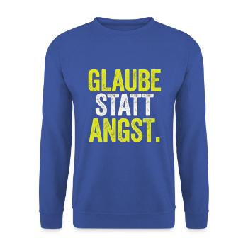 Glaube statt Angst – Markus 5,36 - Unisex Pullover - Royalblau - Vorne - Alina (178cm) & Michal (187cm)