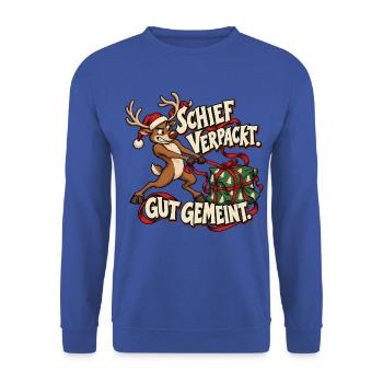 Schief verpackt gut gemeint – Weihnachtsrentier - Unisex Pullover - Royalblau - Vorne - Alina (178cm) & Michal (187cm)