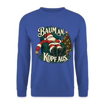 Baum an Kopf aus – Weihnachtsmann im Sessel - Unisex Pullover - Royalblau - Vorne - Alina (178cm) & Michal (187cm)