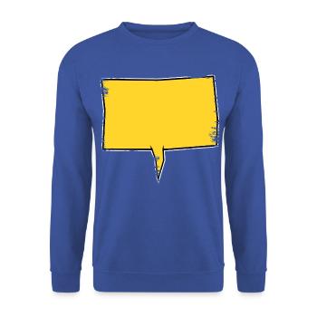 Eckige Sprechblase in Gelb used look - Unisex Pullover - Royalblau - Vorne - Alina (178cm) & Michal (187cm)
