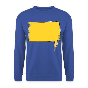 Eckige Sprechblase rechts in Gelb used look - Unisex Pullover - Royalblau - Vorne - Alina (178cm) & Michal (187cm)