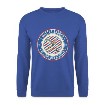 Master Barber Straight Razor Shears Badge Geschenk - Unisex Pullover - Royalblau - Vorne - Alina (178cm) & Michal (187cm)
