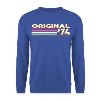 Originale 74er Vintage-Streifen - Unisex Pullover - Royalblau - Vorne - Alina (178cm) & Michal (187cm)