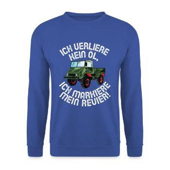 Ich verliere kein Öl - Unimog - Offroad - Oldtimer - Unisex Pullover - Royalblau - Vorne - Alina (178cm) & Michal (187cm)