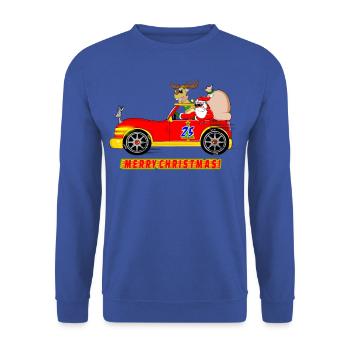 Lustiger Weihnachtsmann und Rentier Rennwagen Toon - Unisex Pullover - Royalblau - Vorne - Alina (178cm) & Michal (187cm)