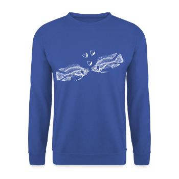 Liebe unter Wasser. Skelettfische. Morbider Humor - Unisex Pullover - Royalblau - Vorne - Alina (178cm) & Michal (187cm)