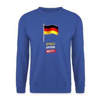 Stolz. Offen. Nett. - Fahne Schwarz Rot Gold - Unisex Pullover - Royalblau - Vorne - Alina (178cm) & Michal (187cm)