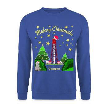 Weihnachten, Leuchtturm Campen, Kultiger Wolf - Unisex Pullover - Royalblau - Vorne - Alina (178cm) & Michal (187cm)