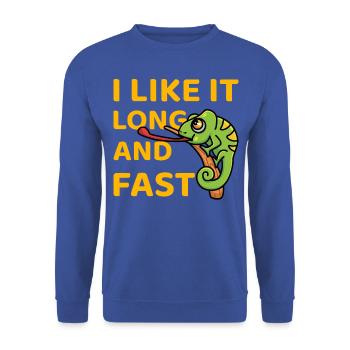 I like it long and fast Lustiger Spruch - Unisex Pullover - Royalblau - Vorne - Alina (178cm) & Michal (187cm)