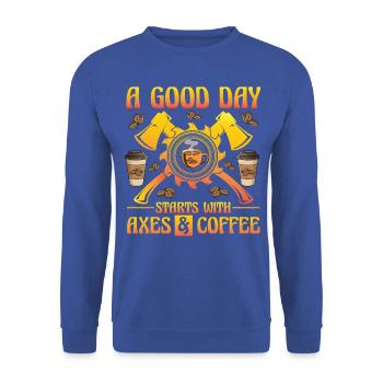 A good day starts with Axes and Coffee - Unisex Pullover - Royalblau - Vorne - Alina (178cm) & Michal (187cm)