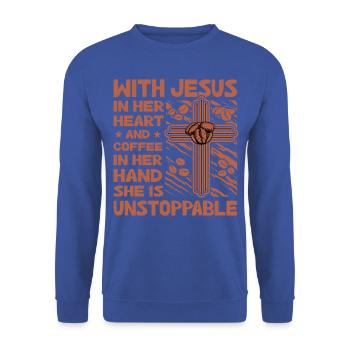 Christentum Jesus Kaffee Lustiger Spruch - Unisex Pullover - Royalblau - Vorne - Alina (178cm) & Michal (187cm)