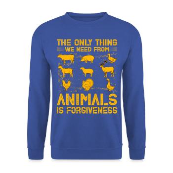 The only Thing we need from animals is forgiveness - Unisex Pullover - Royalblau - Vorne - Alina (178cm) & Michal (187cm)