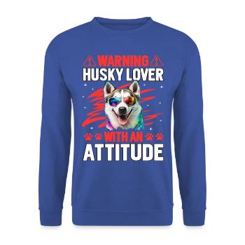 Warning Husky Lover with an Attitude - Unisex Pullover - Royalblau - Vorne - Alina (178cm) & Michal (187cm)