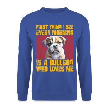 First thing I see in the morning is a Bulldog - Unisex Pullover - Royalblau - Vorne - Alina (178cm) & Michal (187cm)
