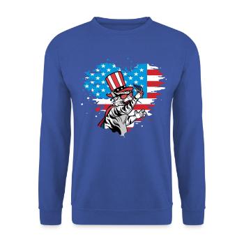 4. Juli Katze - Unisex Pullover - Royalblau - Vorne - Alina (178cm) & Michal (187cm)