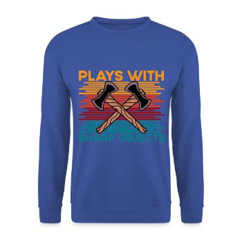 Axe Throwing plays with sharp objects funny saying - Unisex Sweatshirt - royal blue - Front - Alina (178cm) & Michal (187cm)