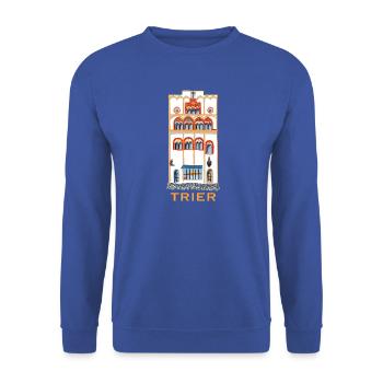 Trier, Kultiges Wahrzeichen Dreikönigenhaus, Gotik - Unisex Pullover - Royalblau - Vorne - Alina (178cm) & Michal (187cm)