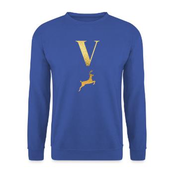 Buchstabe v goldener Hirsch - Geschenkidee - Unisex Pullover - Royalblau - Vorne - Alina (178cm) & Michal (187cm)
