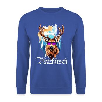 Platzhirsch JGA Tracht Lederhosn wandern Geweih - Unisex Pullover - Royalblau - Vorne - Alina (178cm) & Michal (187cm)